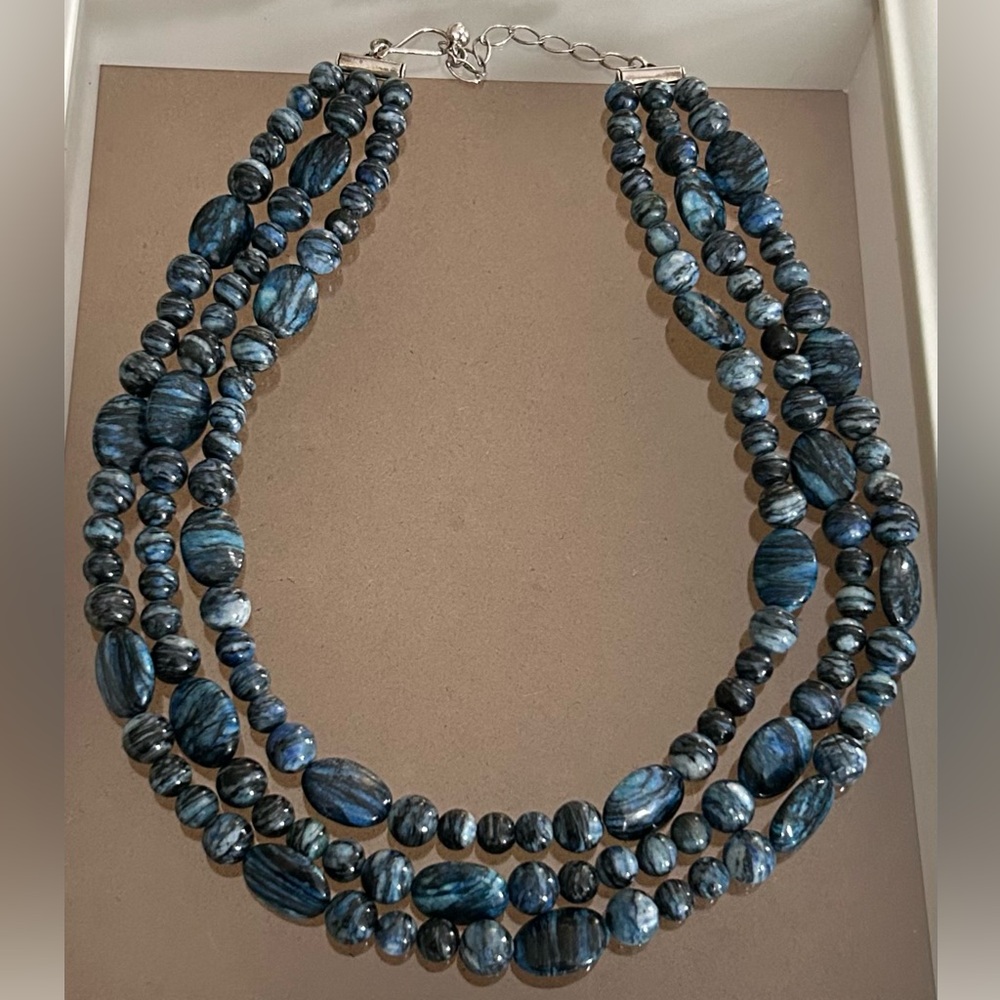 STERLING SILVER & BLUE AGATE Triple Strand Necklace By Desert Rose Trading (DRT)